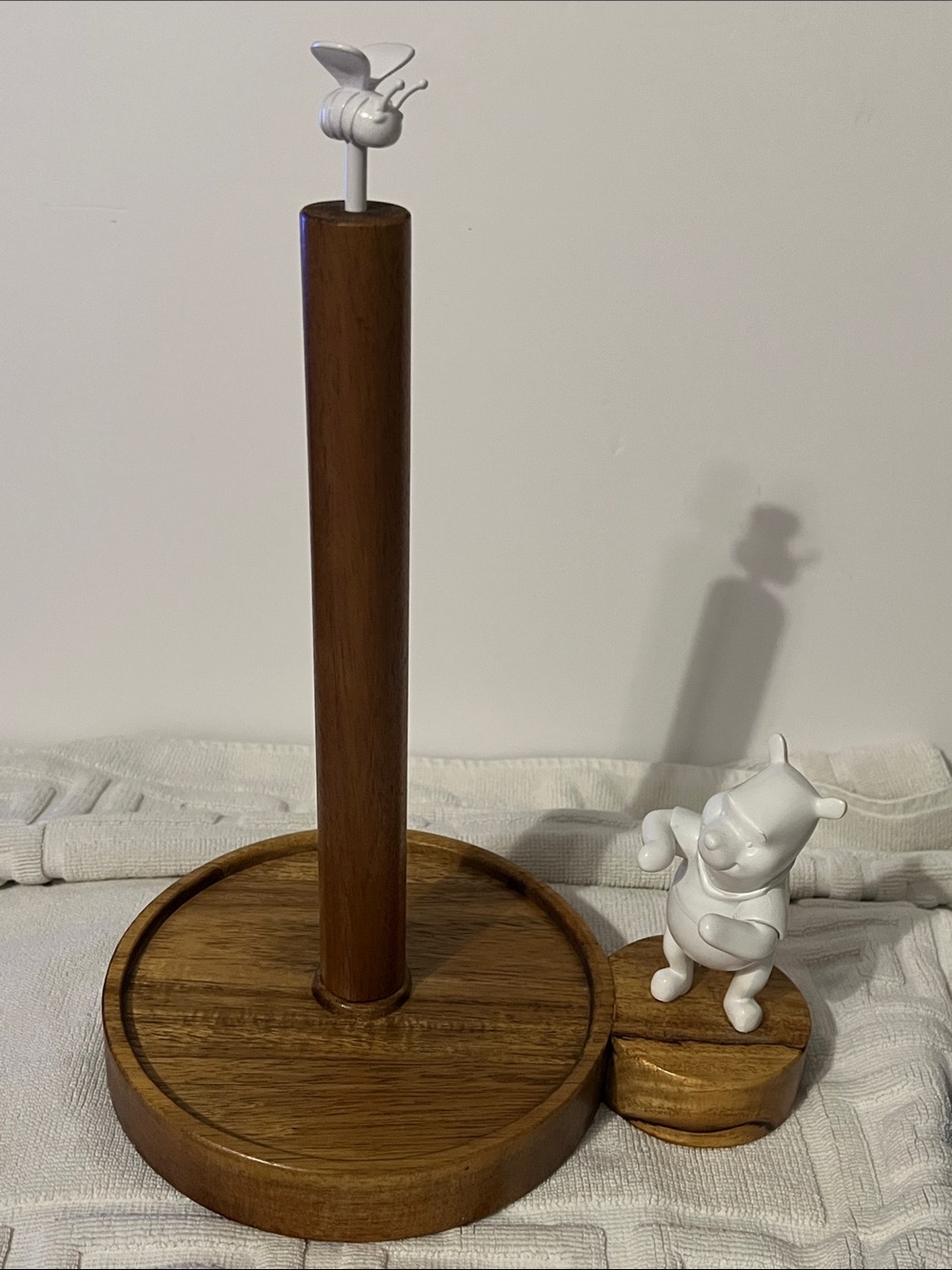 Disney Store Acacia Wood Paper Towel Stand with White Pooh Accent and Bee Topper
